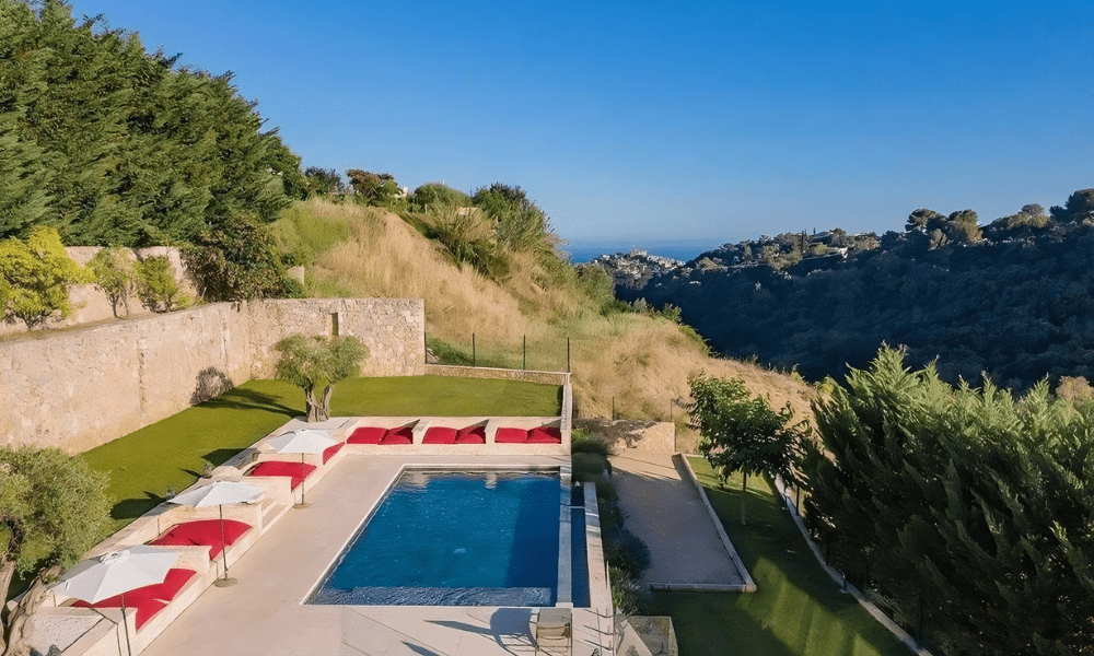 Villa Hotel Galets in Cagnes-sur-Mer, French Riviera, France – aerial exterior view of the heritage villa overlooking the Mediterranean and infinity pool