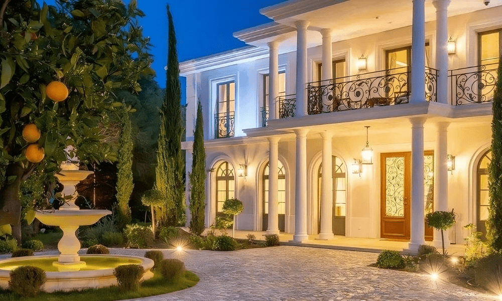 Garden seating area at Villa Hotel Brougham in Cannes, French Riviera, France – wicker chairs under olive trees with coastal vistas