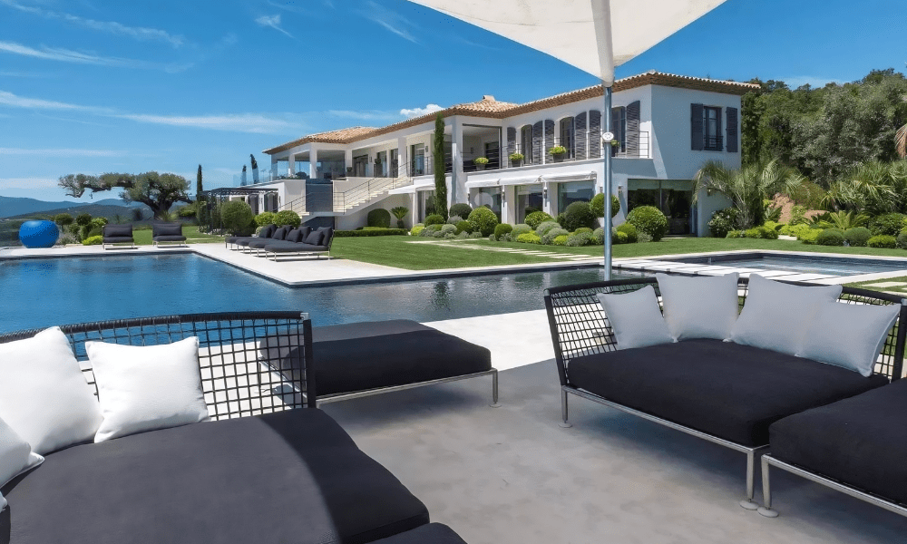 Villa Hotel Bertaud in Grimaud, French Riviera, France – aerial exterior view of the rustic luxury villa surrounded by vineyards and olive groves