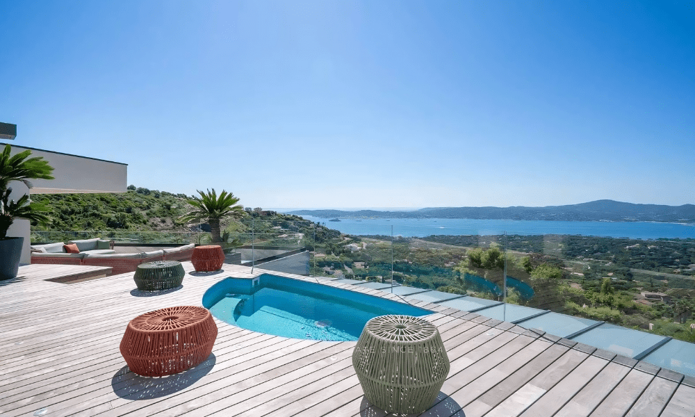 Luxury villa facade with stone architecture