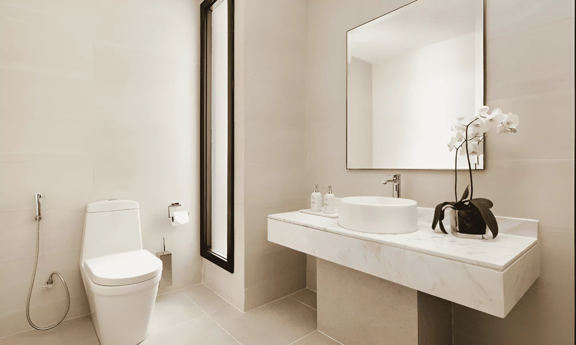 Bathroom of a luxury suite on the Maldives with sink and mirror.