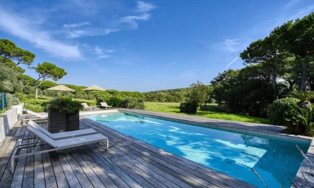 Outdoor lounge terrace with pergola and Mediterranean panorama