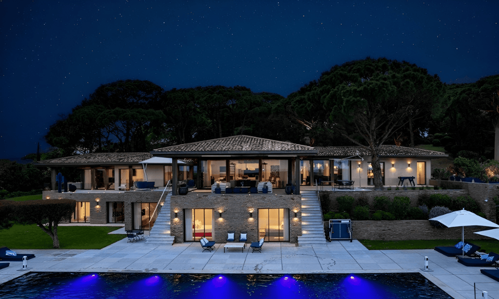 Stunning villa exterior in Saint‑Tropez with Mediterranean coastline