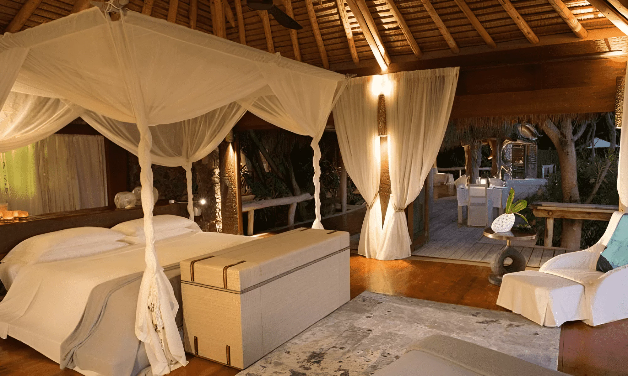 Luxury bedroom with terrace on the Seychelles Islands.