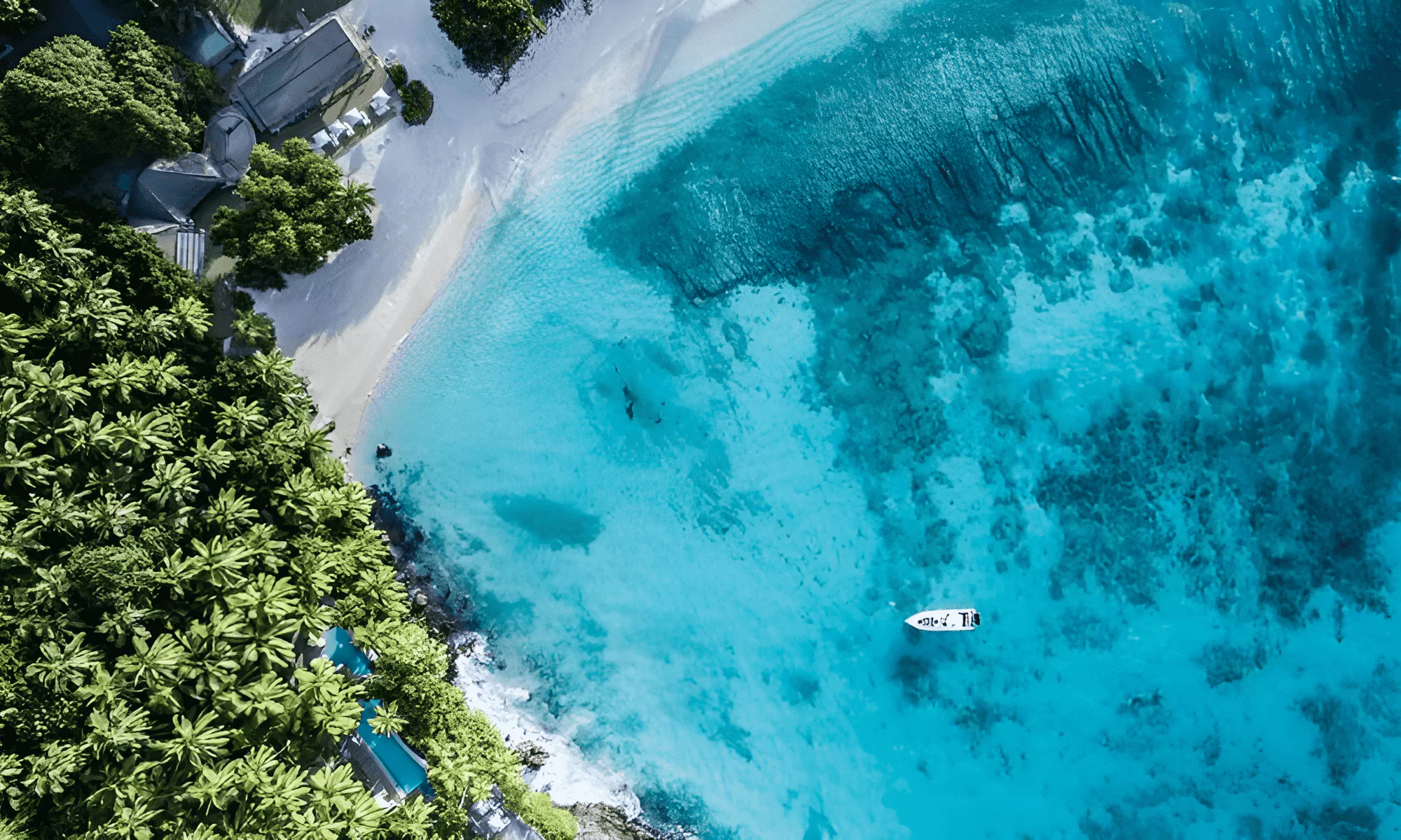 Aerial view of the Seychelles Islands with a boat.