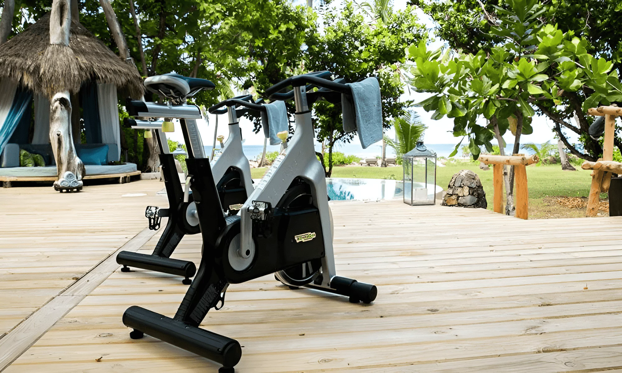 Room bicycle on a terrace in the Seychelles.