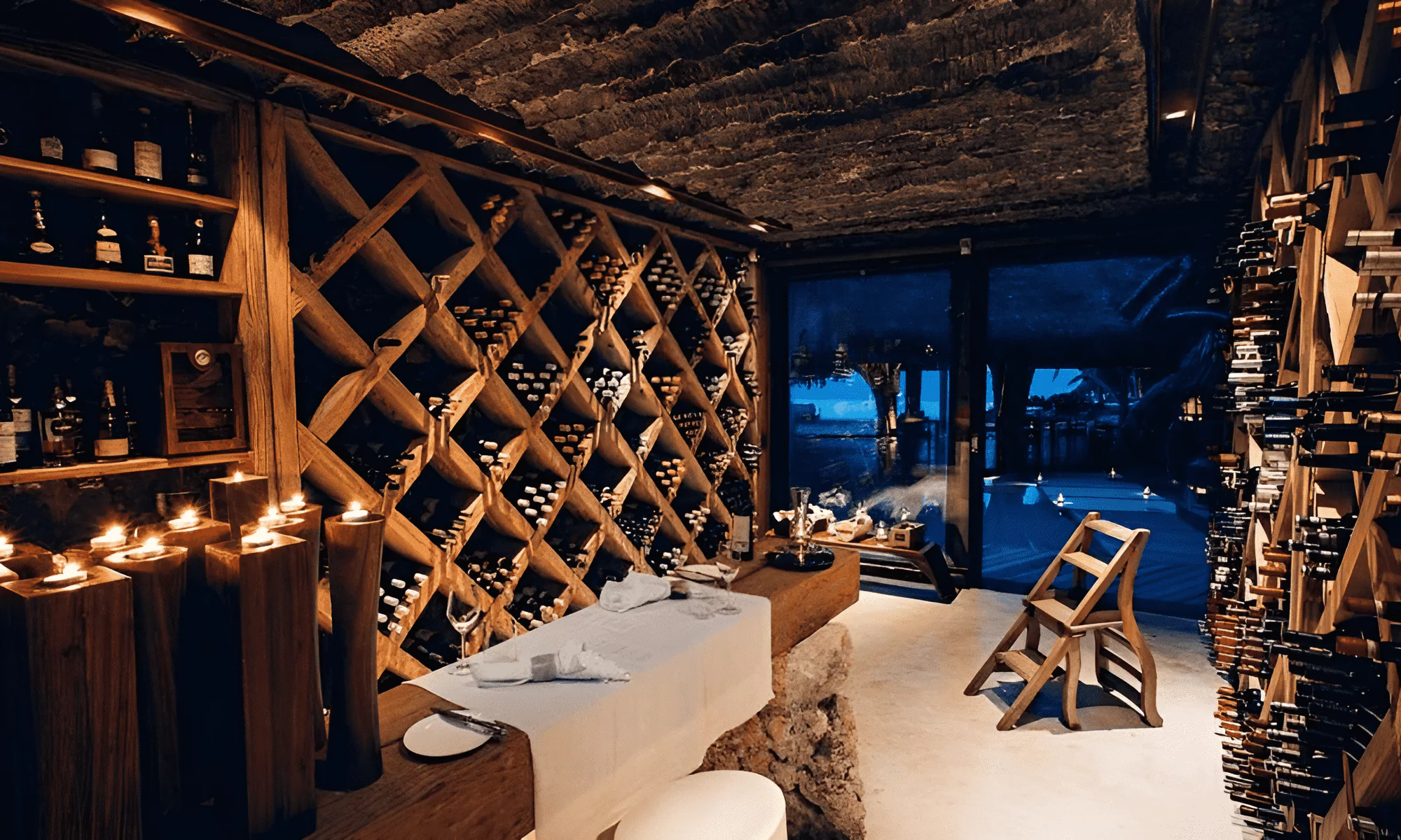 Wine bar on a private island in the Seychelles, offering a wide variety of wines.