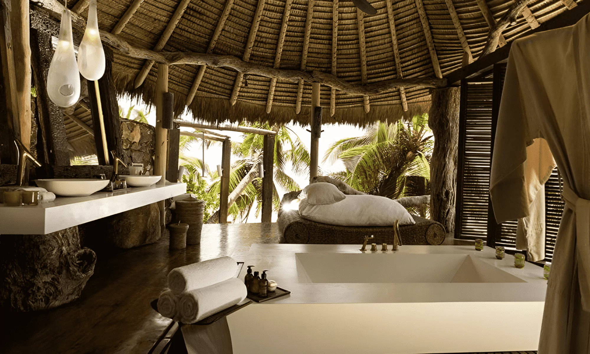 The bathroom of the luxury suite has a bathtub.
