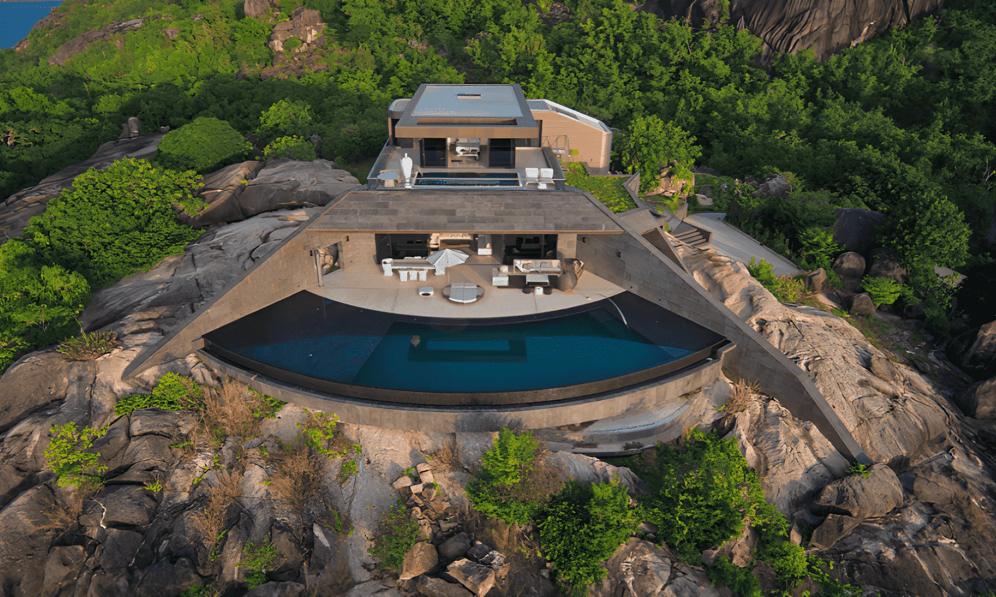 The photo shows Villa Hotels on the private island of Felicité in the Seychelles.