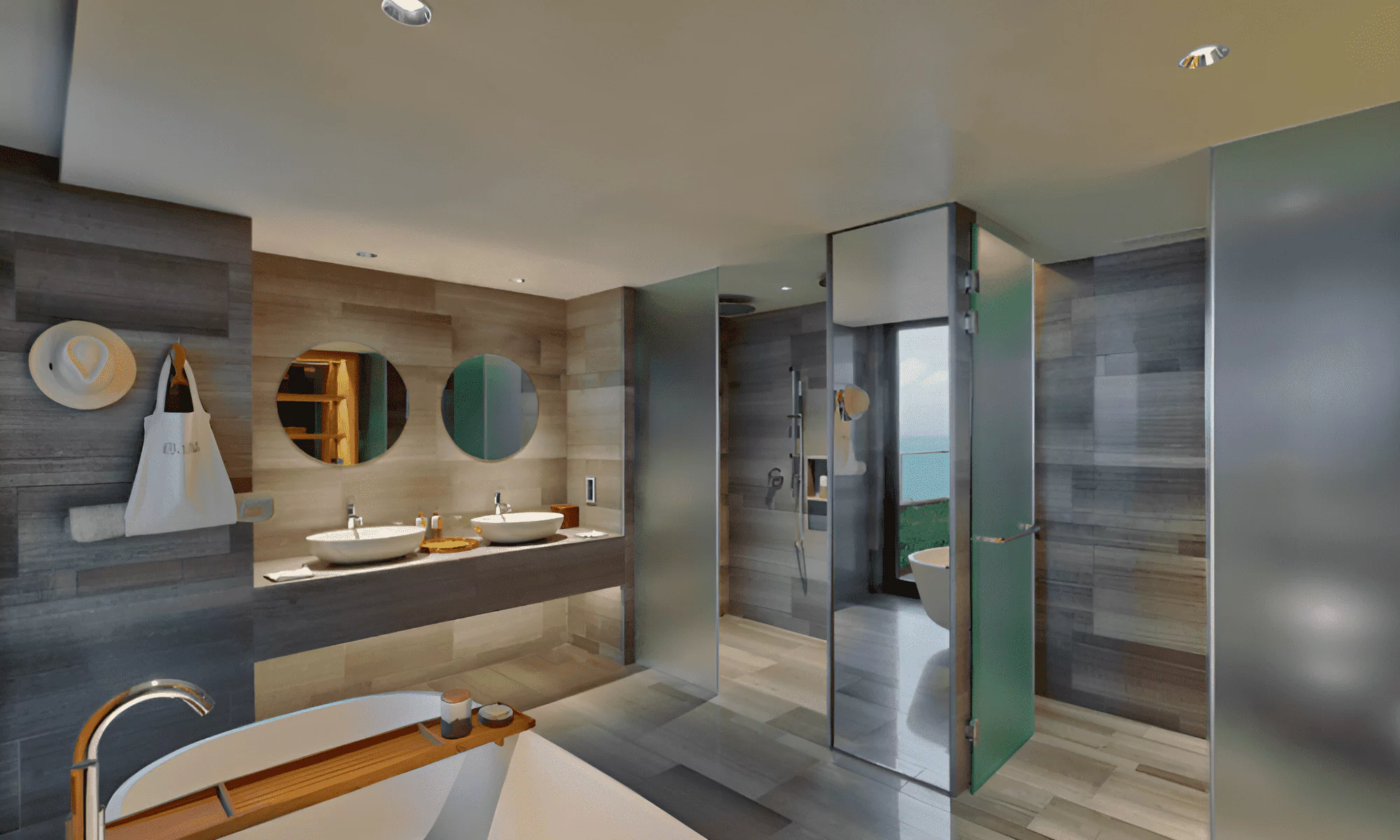 Luxury bathroom with shower and bathtub.