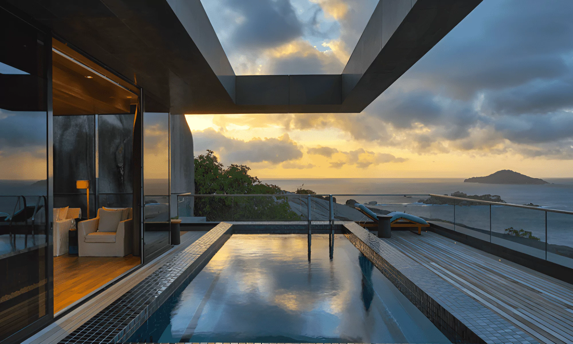 Sunset by the pool in the luxury suite upstairs.