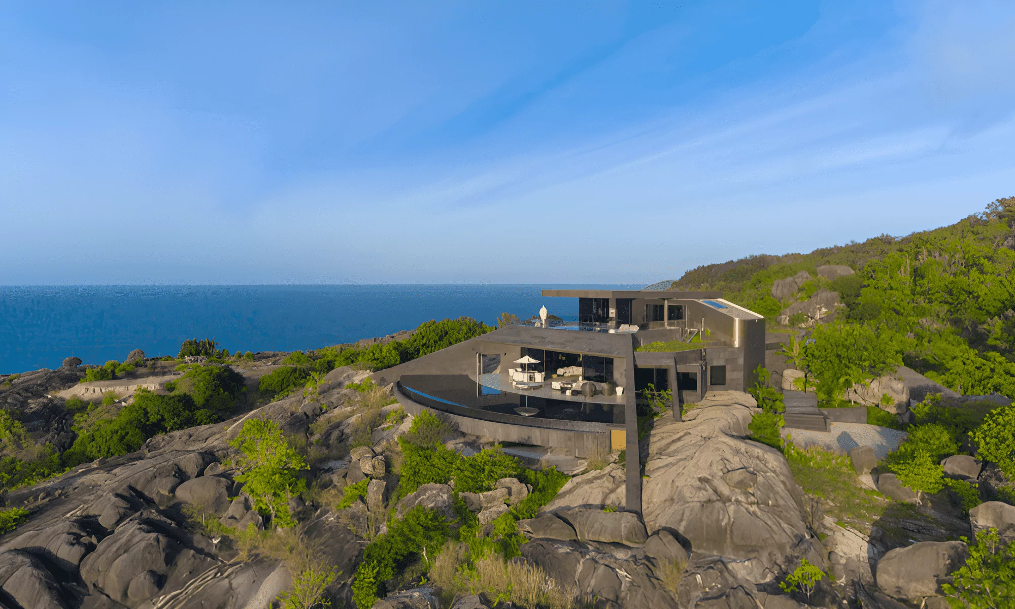 The Villa Hotel's private villa can be seen atop a granite rock.