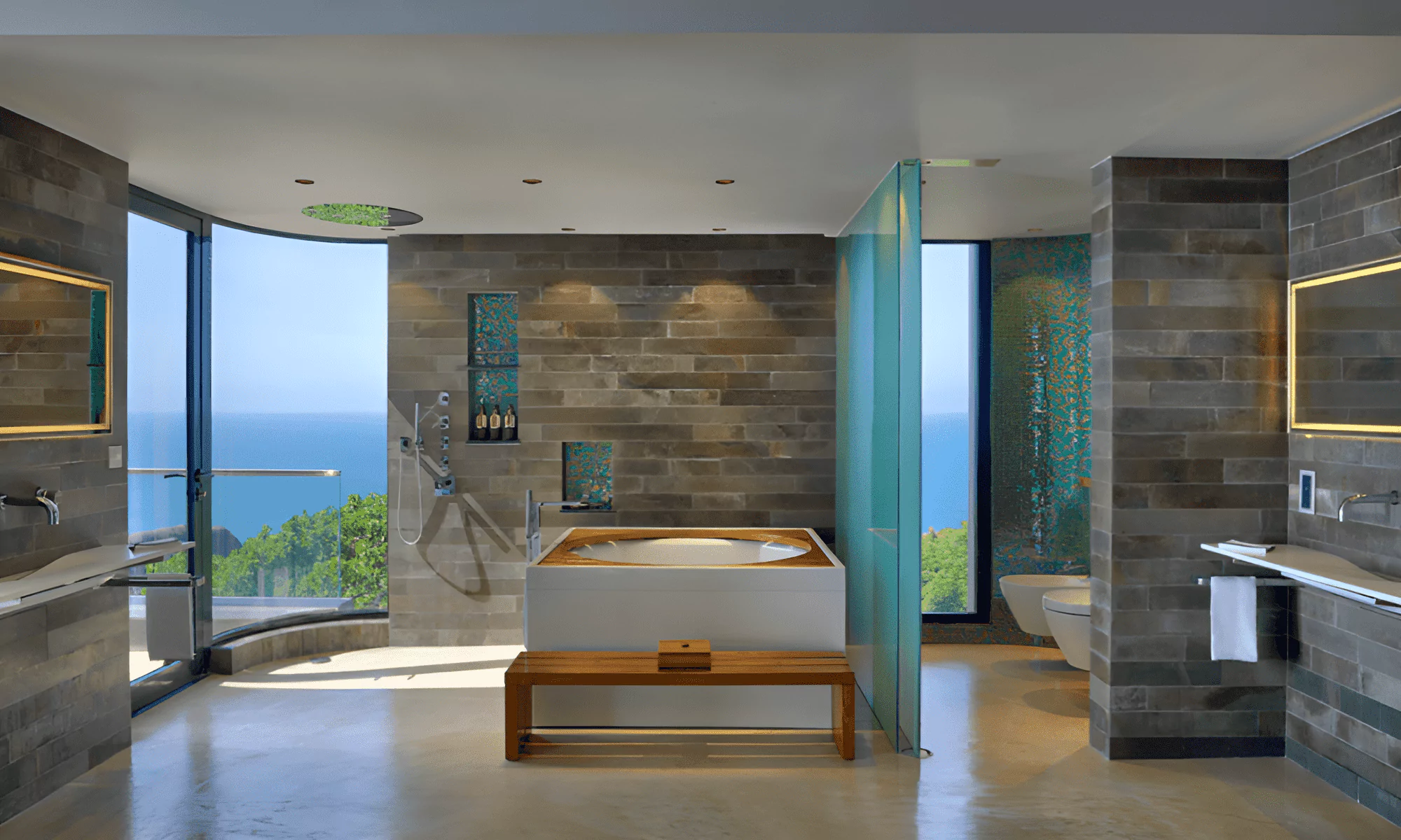 The bathroom of the luxury suite at Villa Hotel, features a modern bathtub.