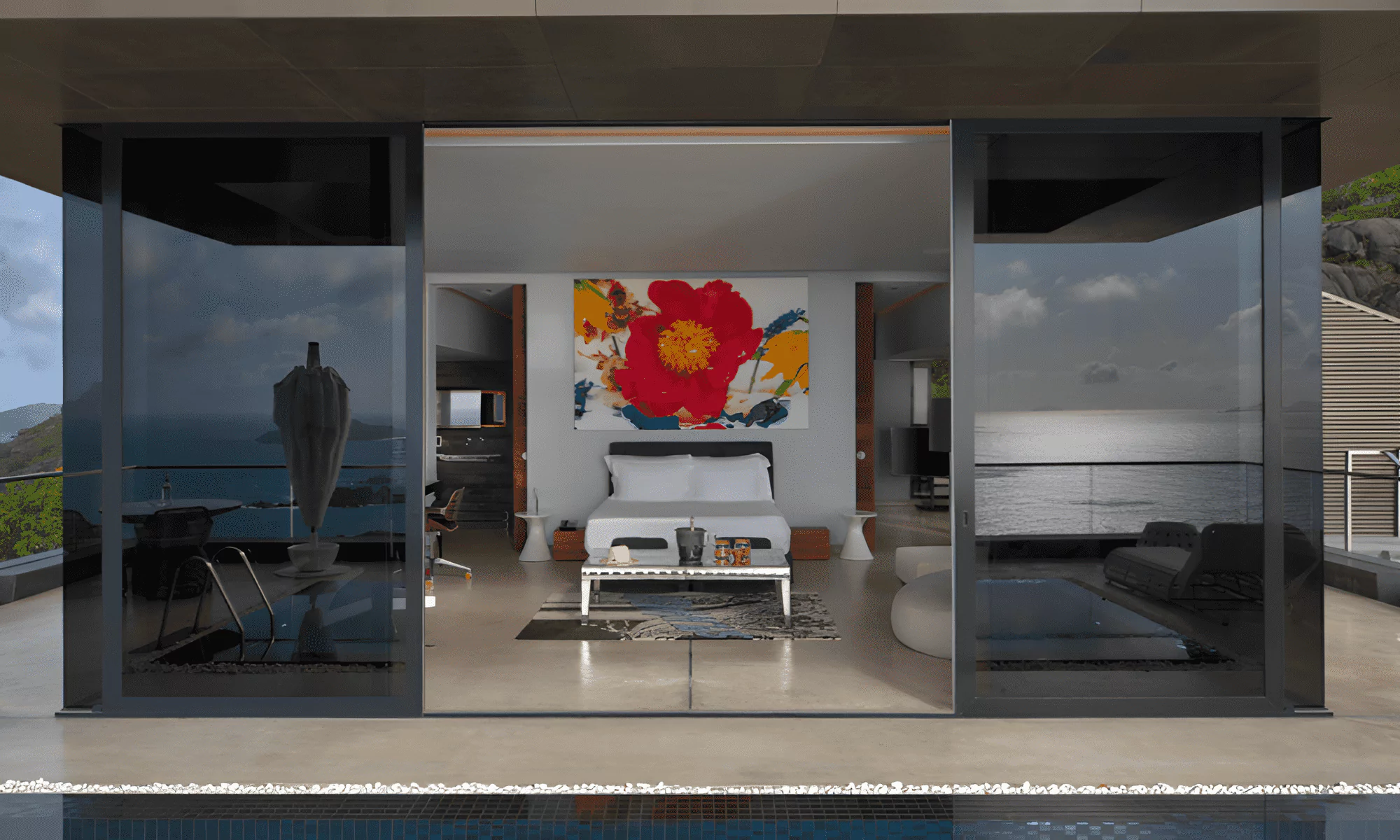 Luxury suite bedroom with views of the Indian Ocean.