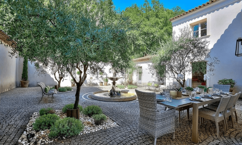Garden pathway through landscaped Mediterranean grounds